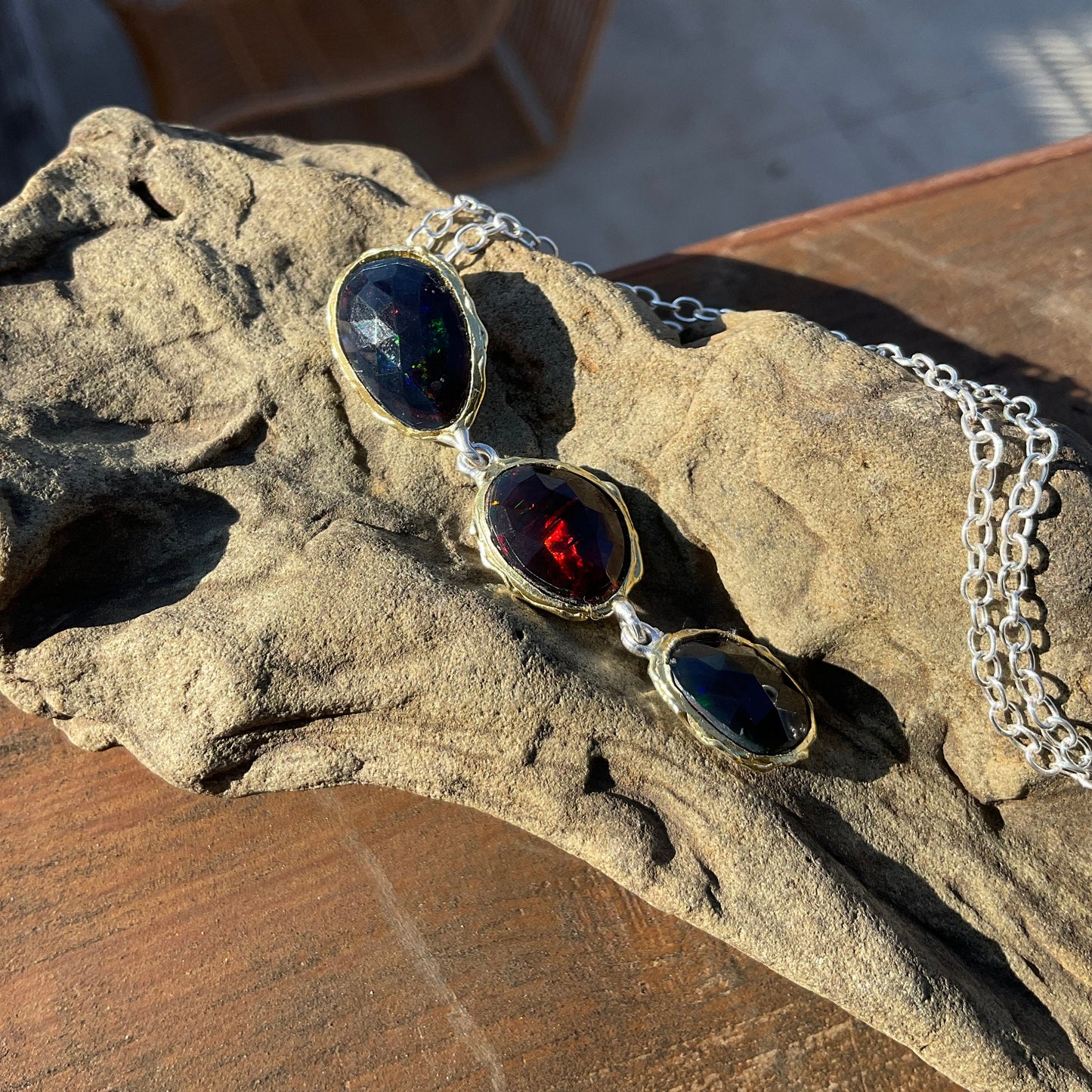 Natural black Fire opal Sterling Silver Necklace 18”