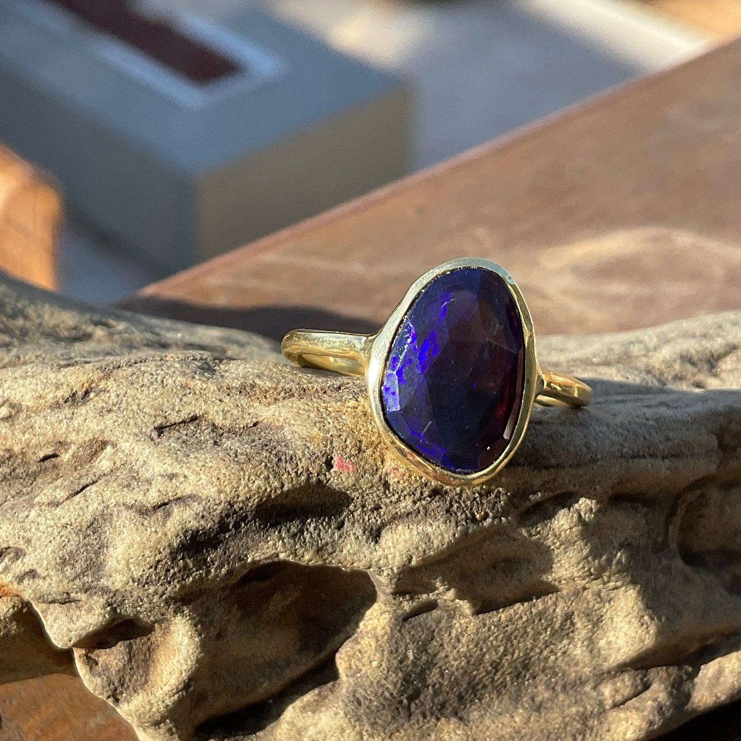 sterling silver Natural black mesmerizing blue Fire Opal ring 7