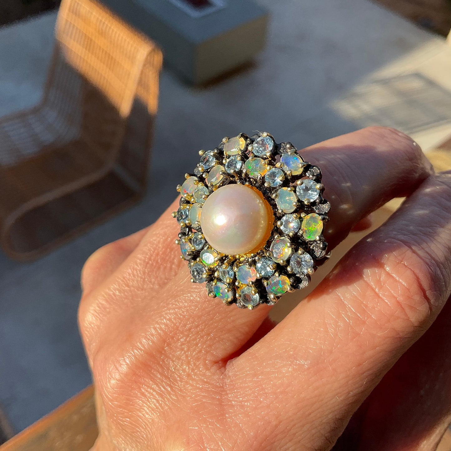 Sterling Silver Fire opal topaz white pearl cluster Ring 8.5