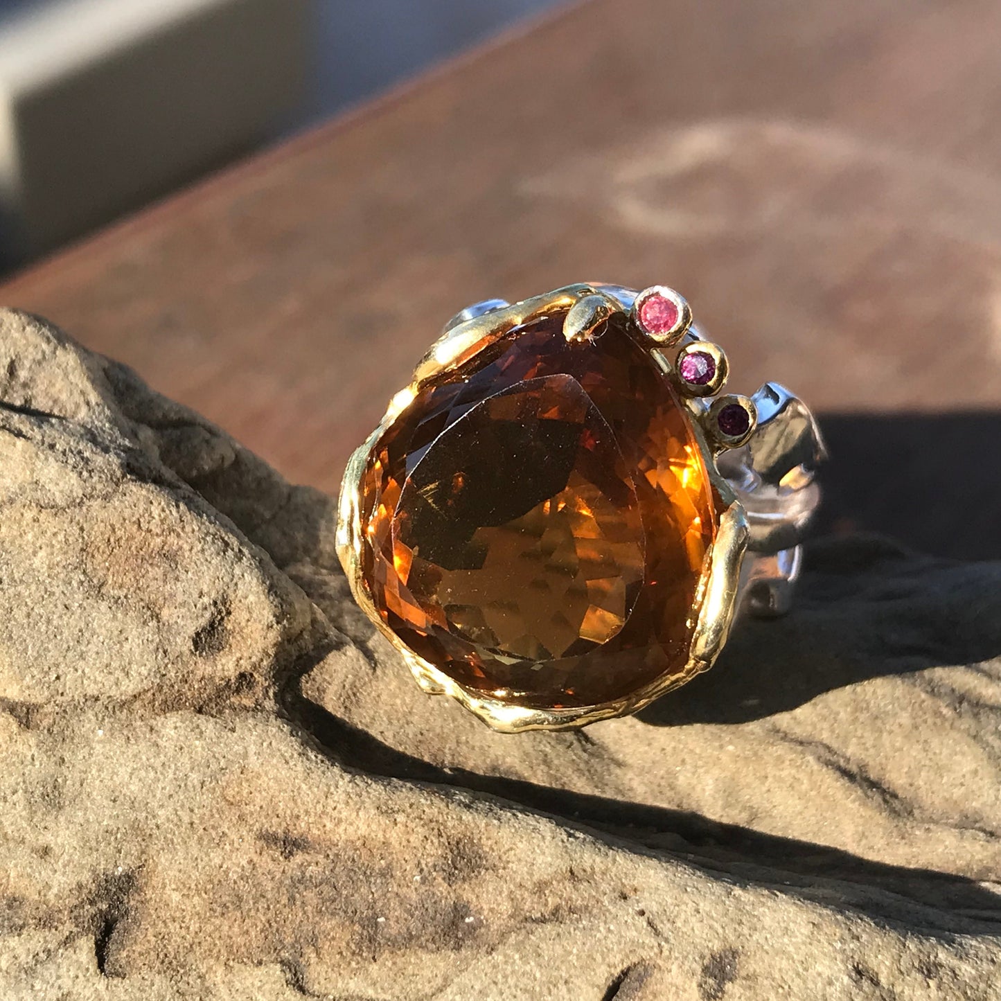 sterling silver cognac quartz statement ring huge rhodolite ring 8.5