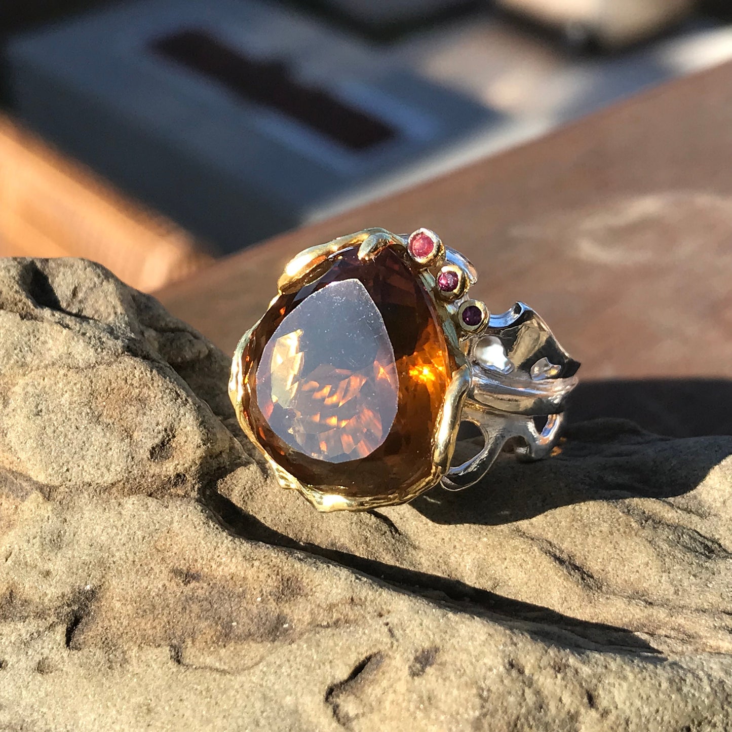 sterling silver cognac quartz statement ring huge rhodolite ring 8.5