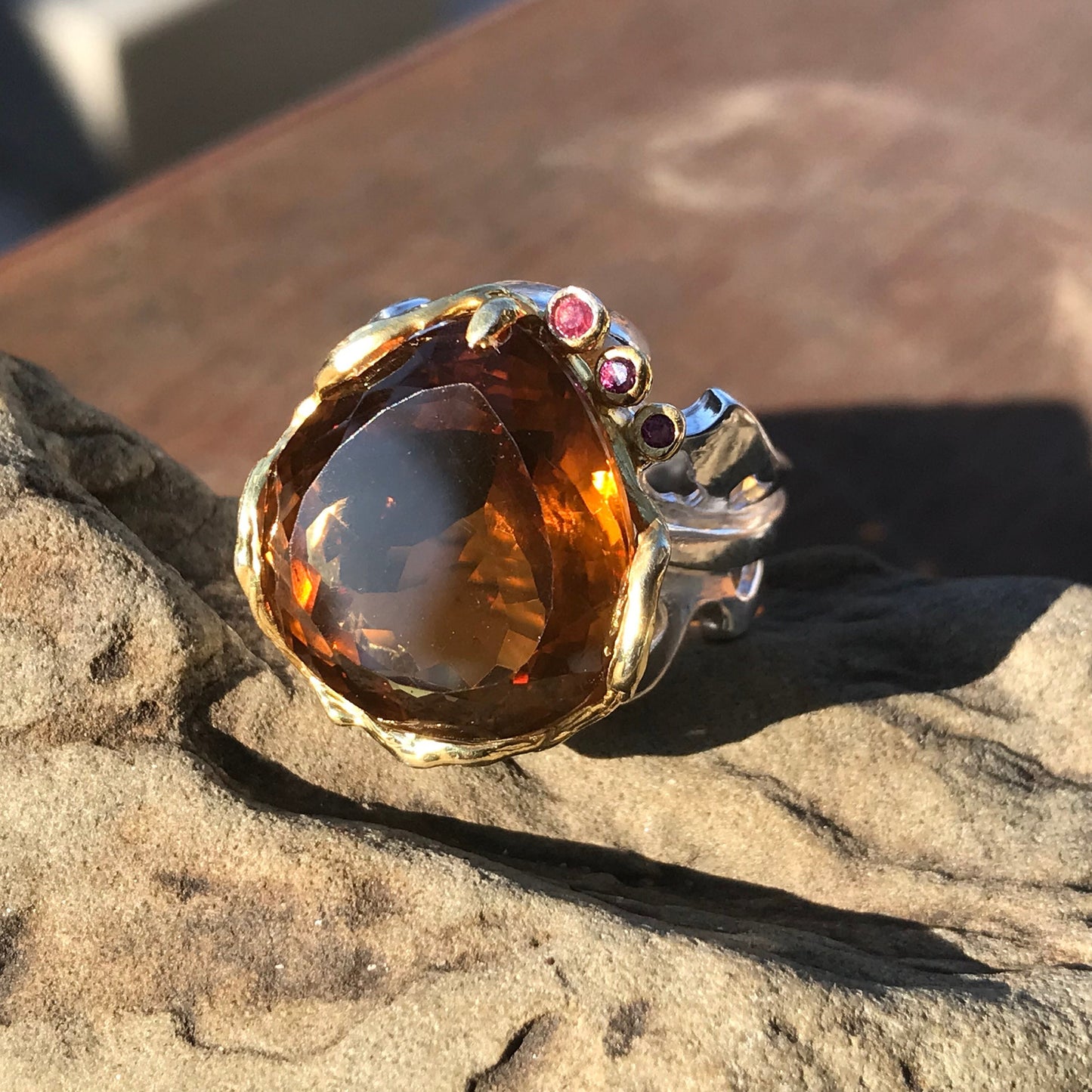 sterling silver cognac quartz statement ring huge rhodolite ring 8.5