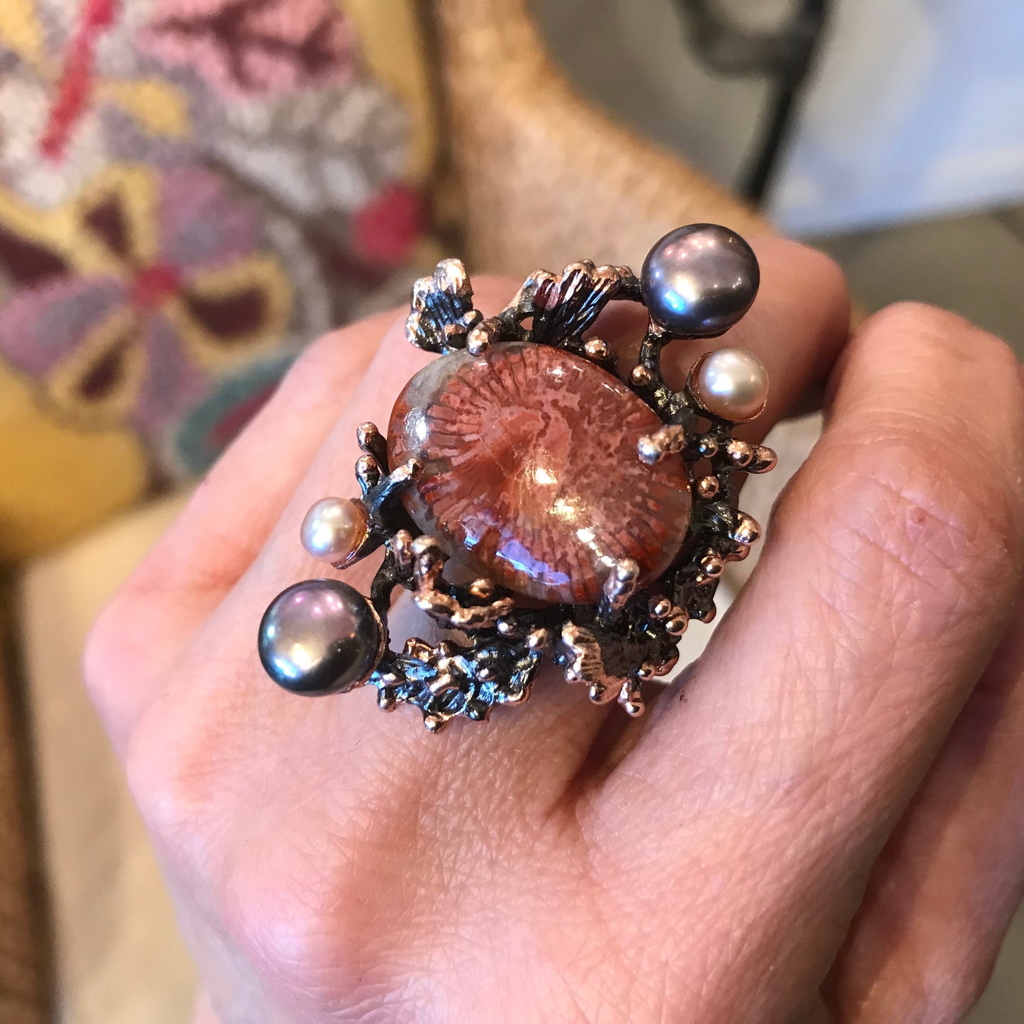 Sterling Silver Fossilized coral pearl coral reef statement Ring 10