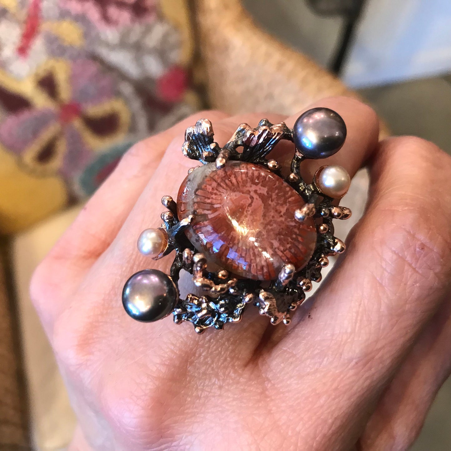 Sterling Silver Fossilized coral pearl coral reef statement Ring 10