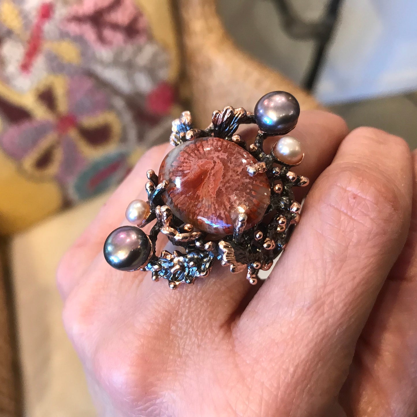 Sterling Silver Fossilized coral pearl coral reef statement Ring 10