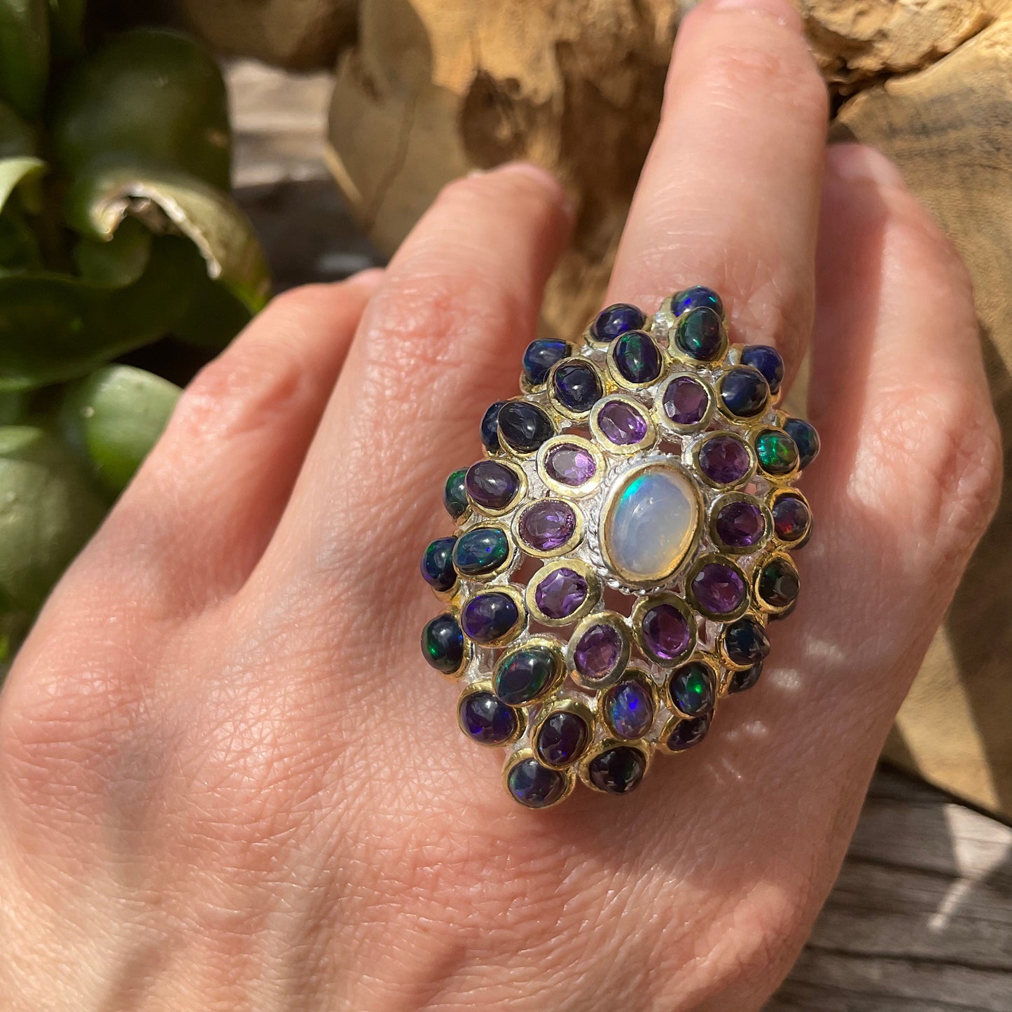 Sterling Silver Black flash Opal huge amethyst cluster statement Ring 6.5