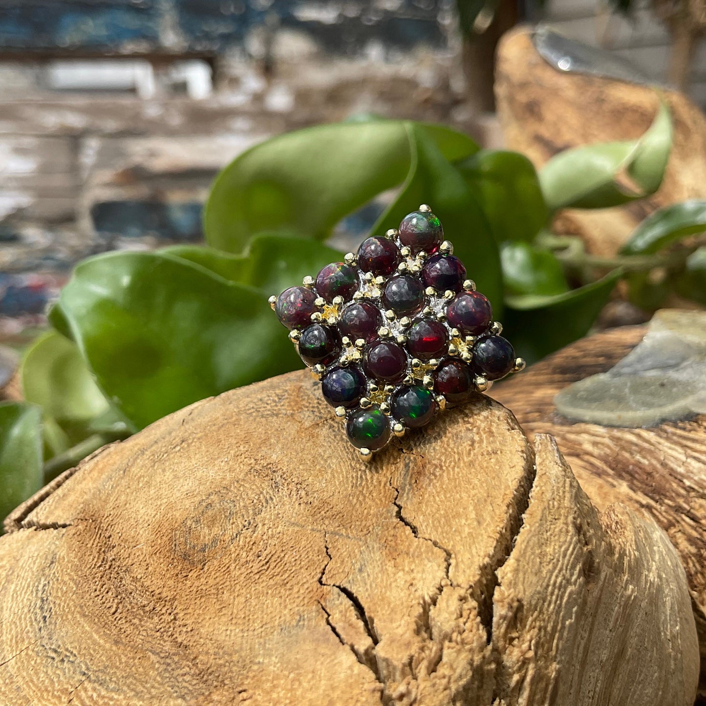 Sterling Silver black Fire Opal statement ring 6.5