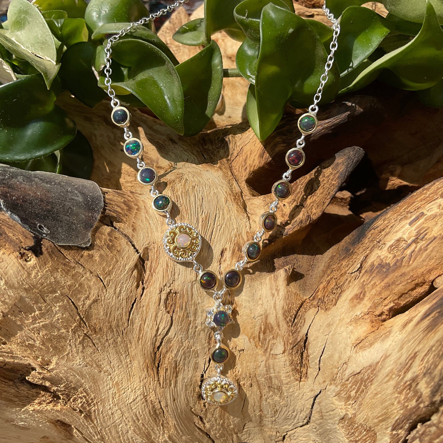 Natural Rainbow fire black opal 19” Sterling silver necklace