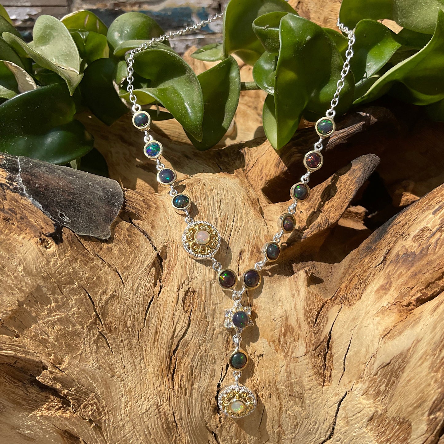 Natural Rainbow fire black opal 19” Sterling silver necklace