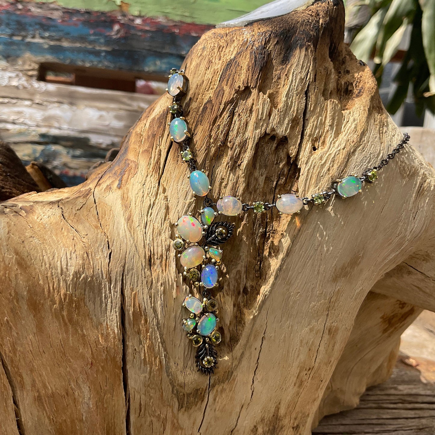 Natural Rainbow fire opal peridot 18” SterlingSilver Necklace