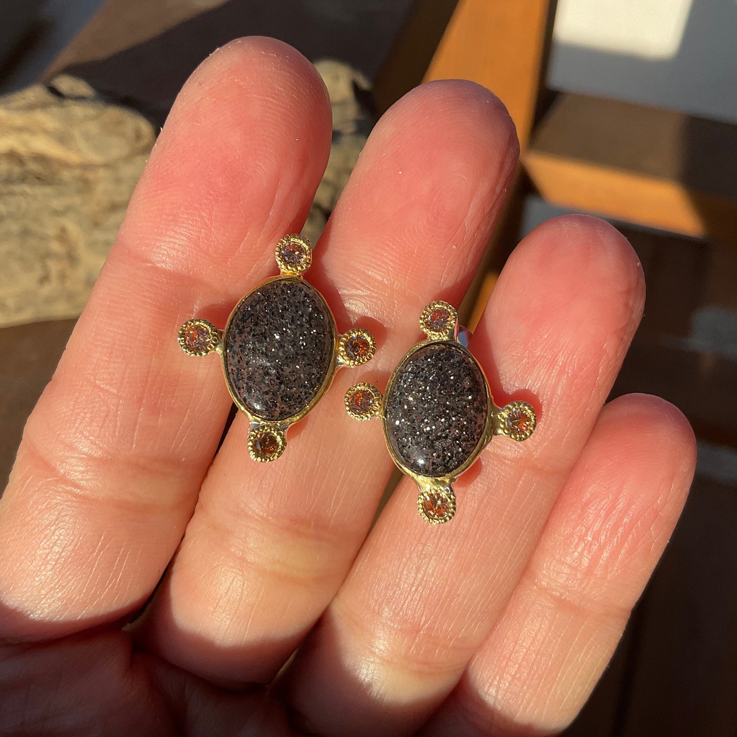 Sterling silver Sunstone modernist stud earrings