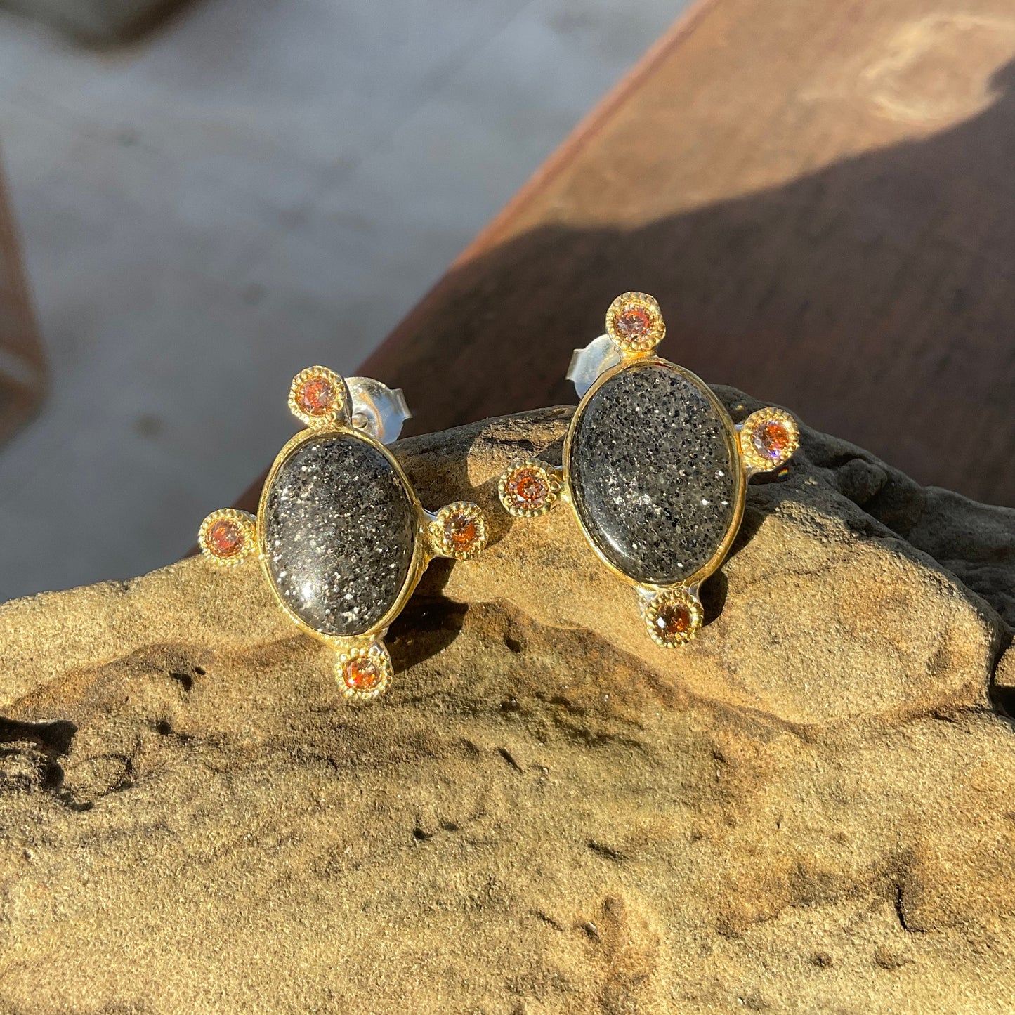 Sterling silver Sunstone modernist stud earrings