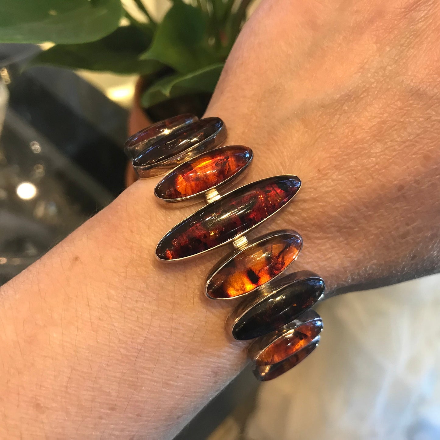 925 sterling silver abstract modernist Amber wide bracelet cuff