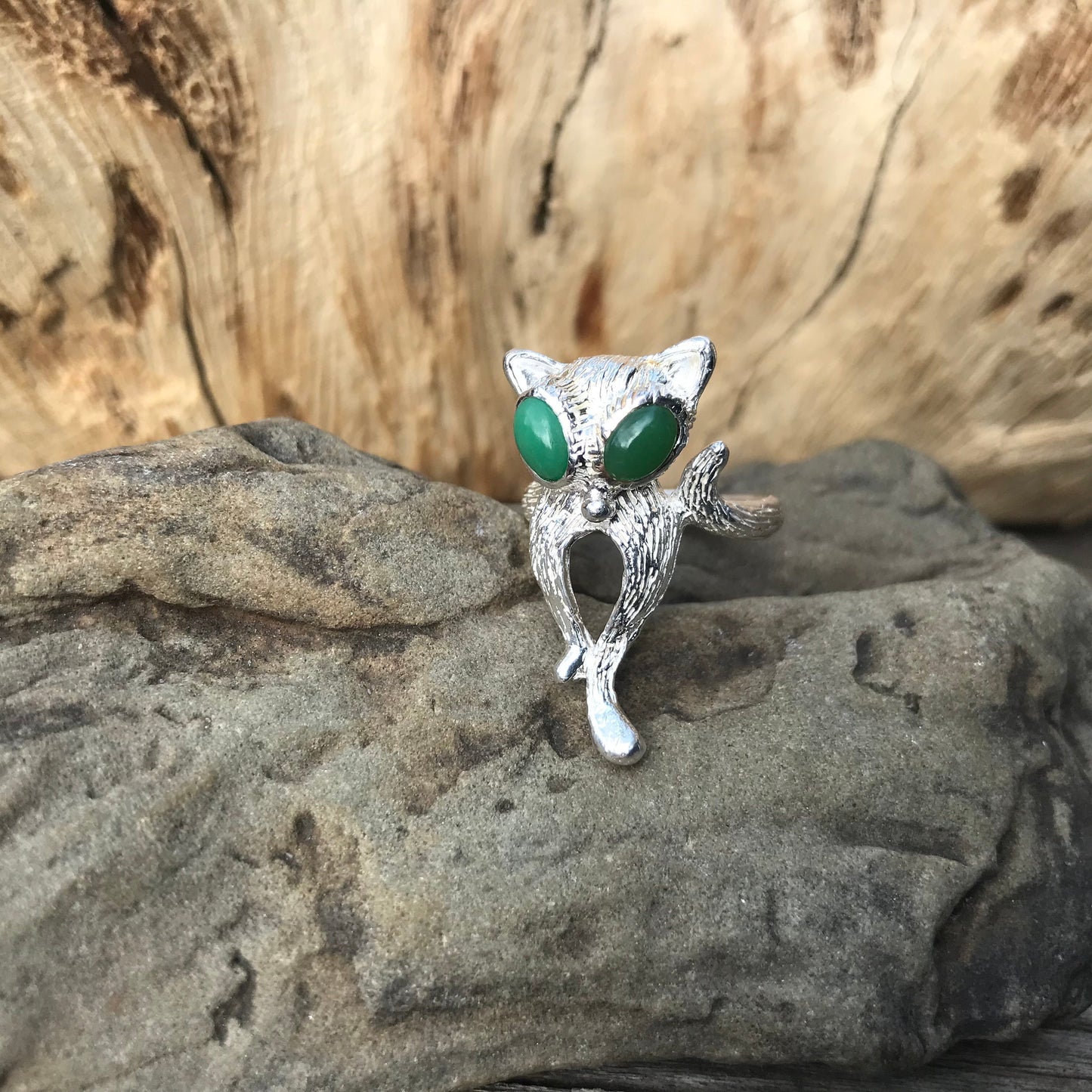 Sterling Silver Cat Kitten Lover chrysoprase ring 6.5