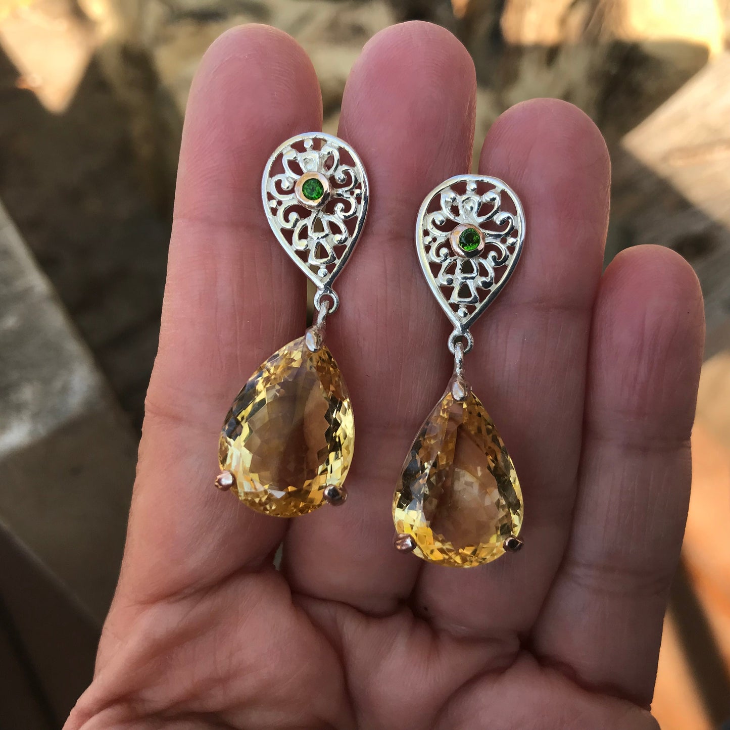 Sterling silver natural citrine pear shape statement earrings