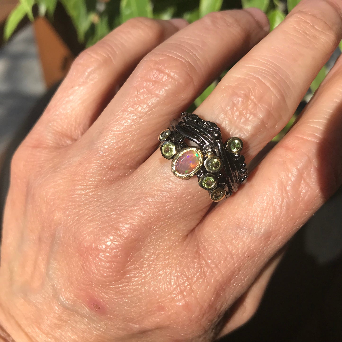 Sterling Silver Handmade orange Opal peridot band ring 7.5