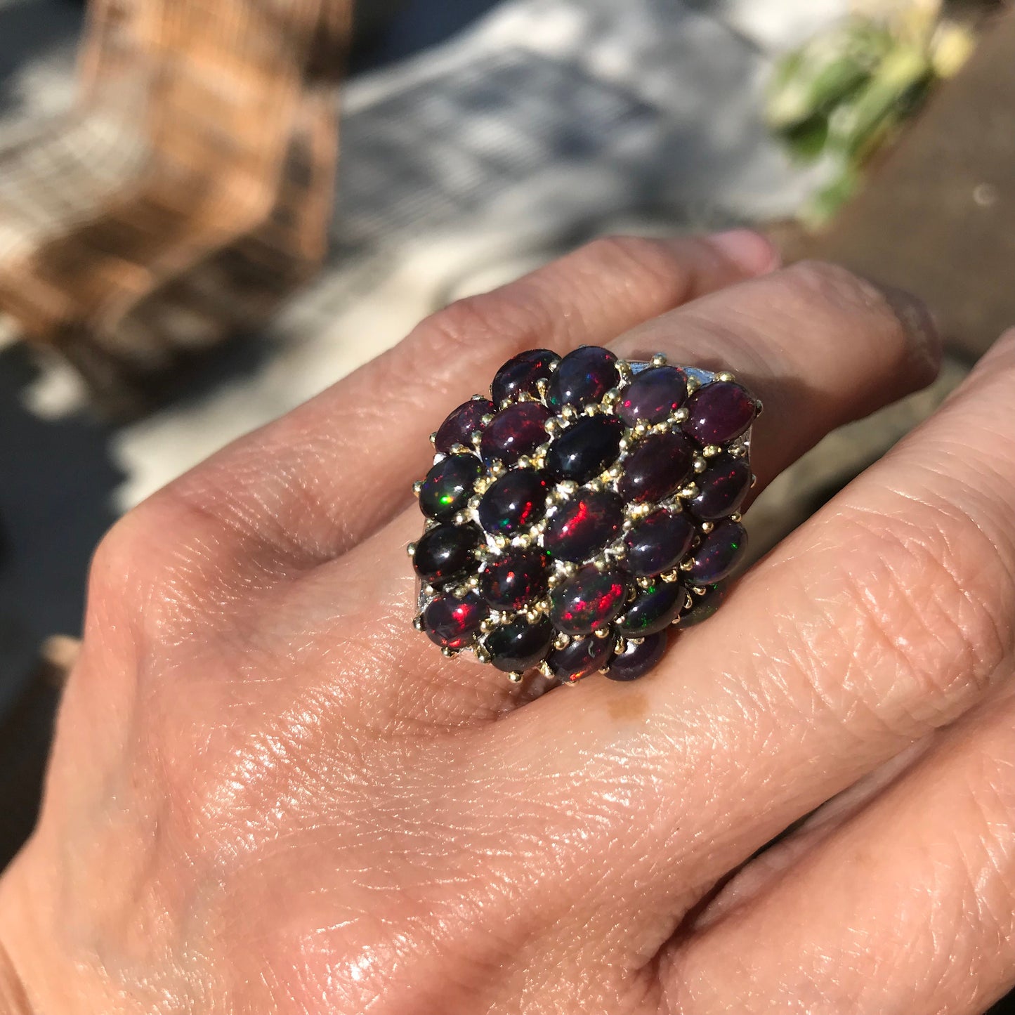 Sterling Silver black red Fire Opal statement ring 5.5 mesmerizing