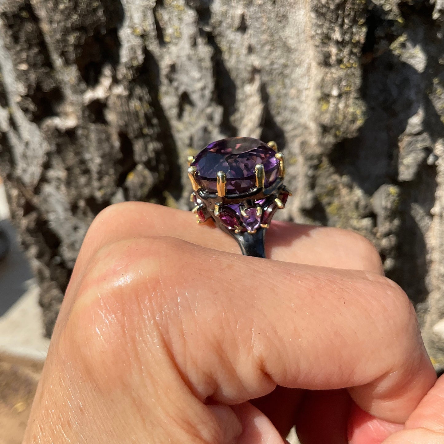 Sterling Silver Statement rhodolite Amethyst fancy Ring 9