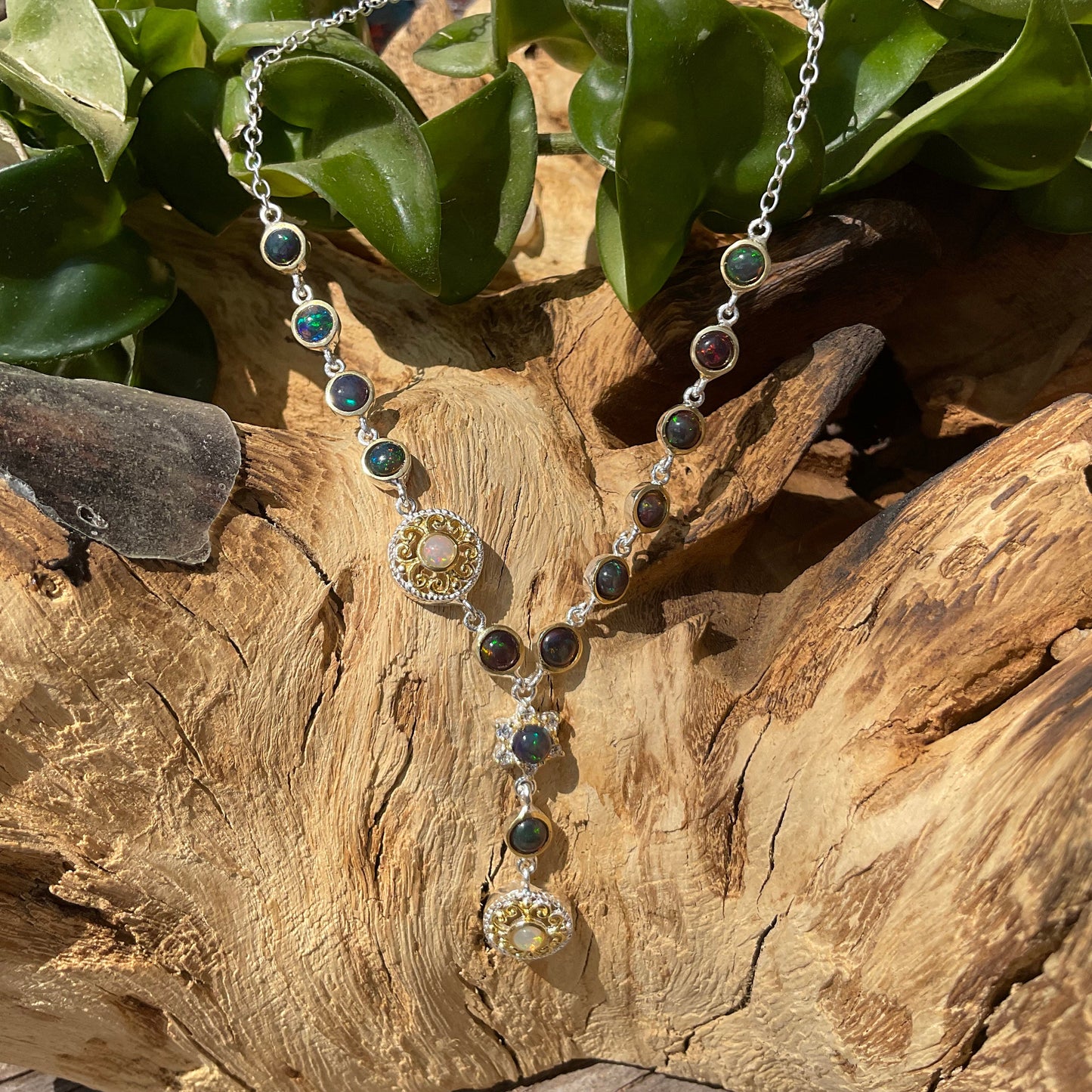 Natural Rainbow fire black opal 19” Sterling silver necklace
