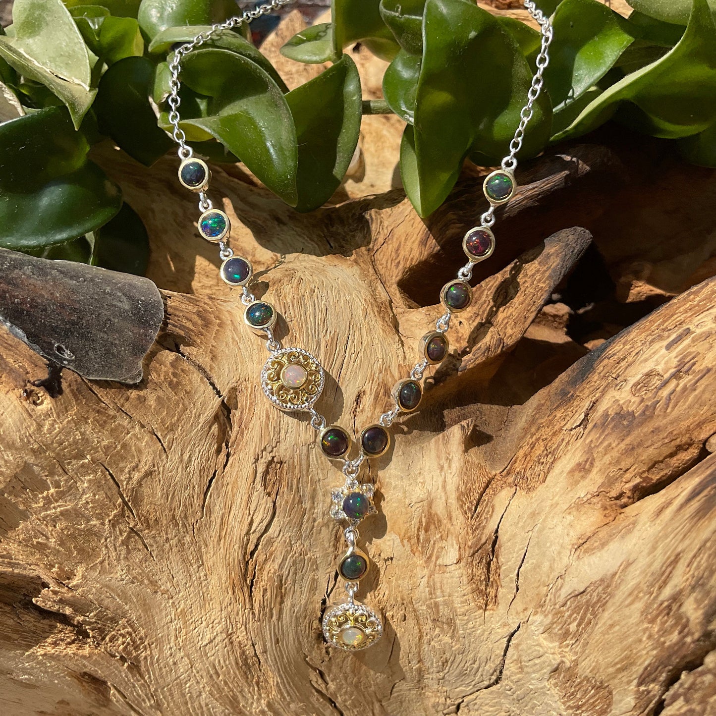 Natural Rainbow fire black opal 19” Sterling silver necklace