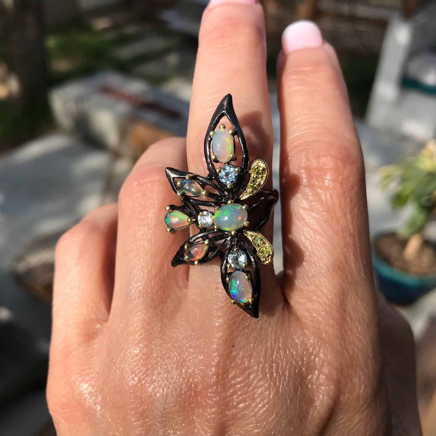Sterling SilverNatural flash Opal huge statement butterfly Ring 7.5