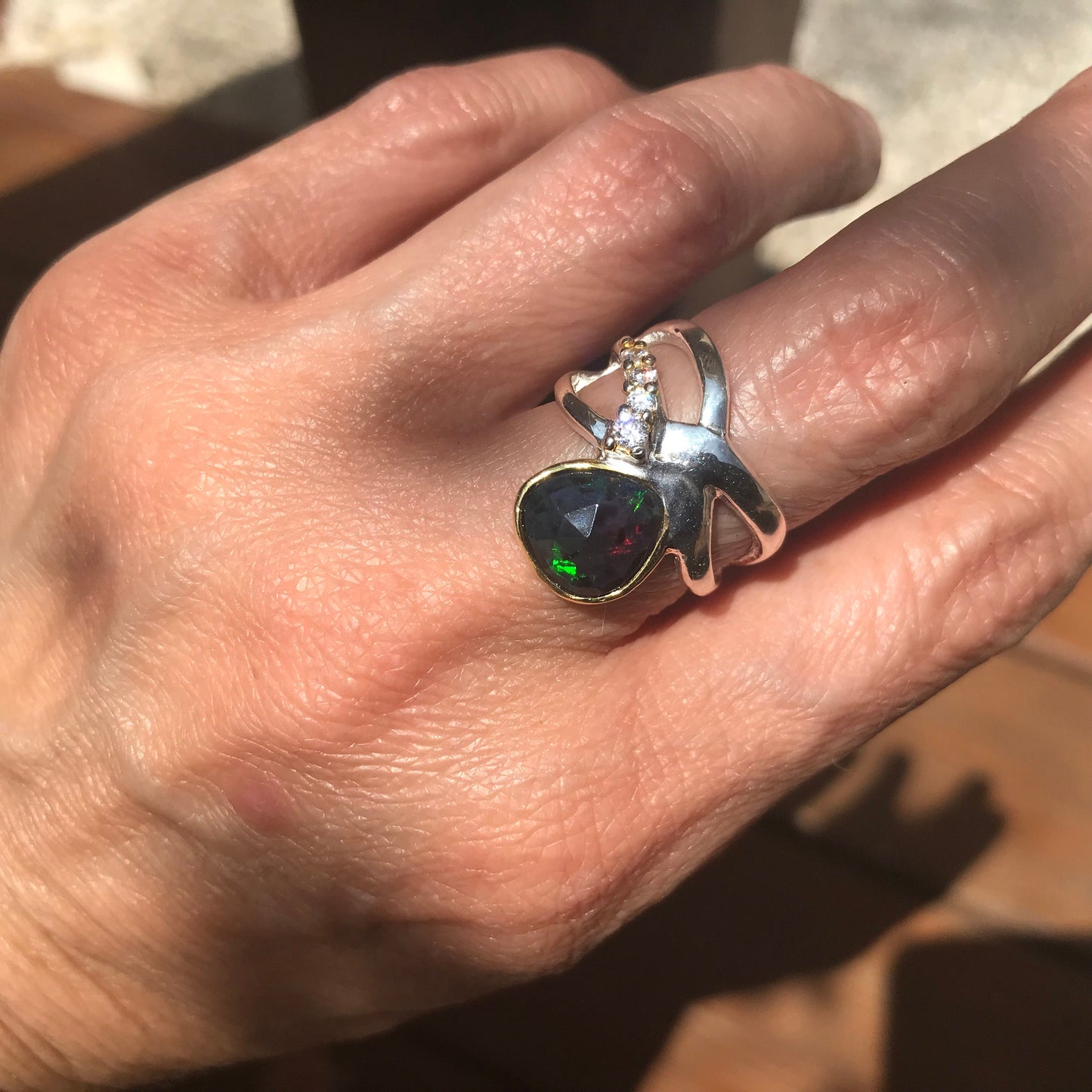 Sterling Silver natural black Opal band ring 6.5