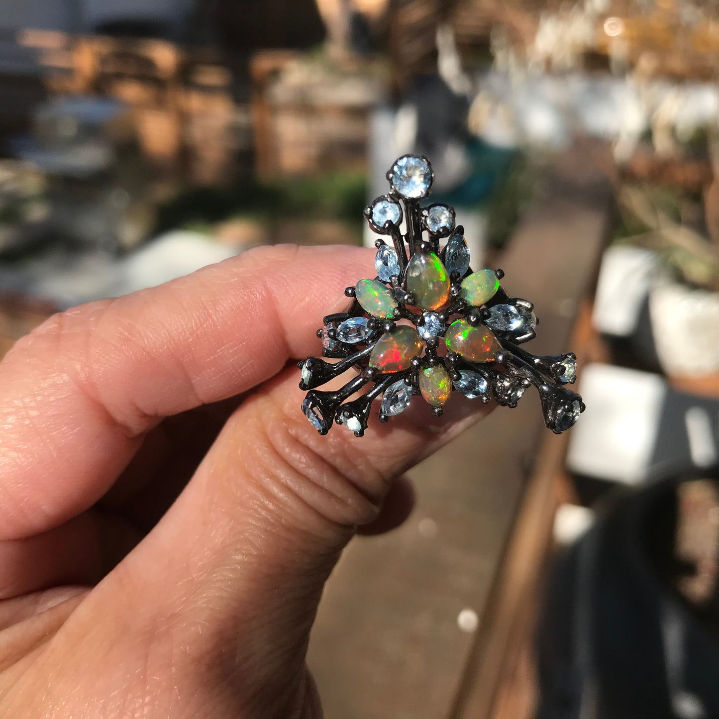 Sterling Silver fire opal Etnika topaz cluster Ring 7