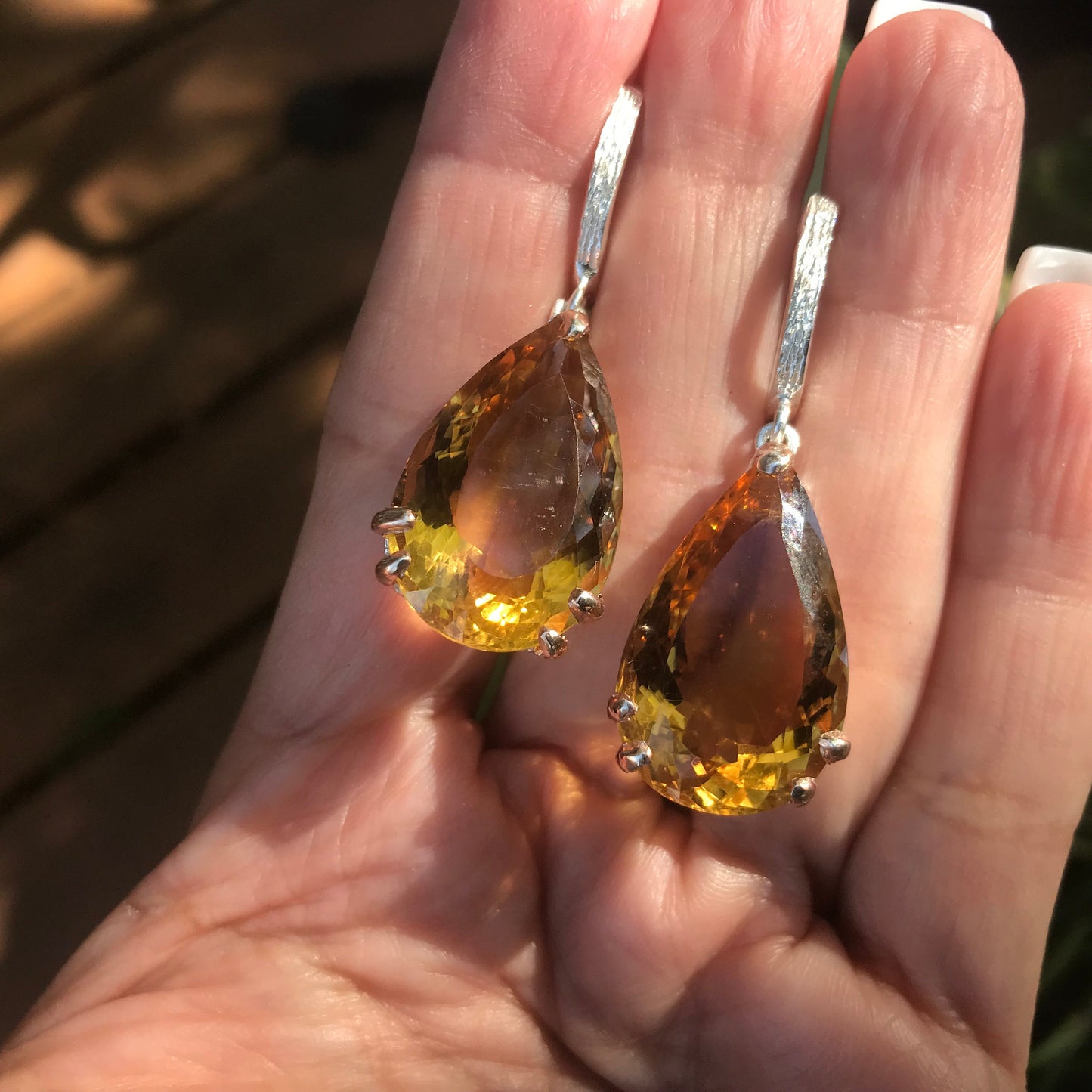 Sterling silver large pear shape citrine dangle earrings
