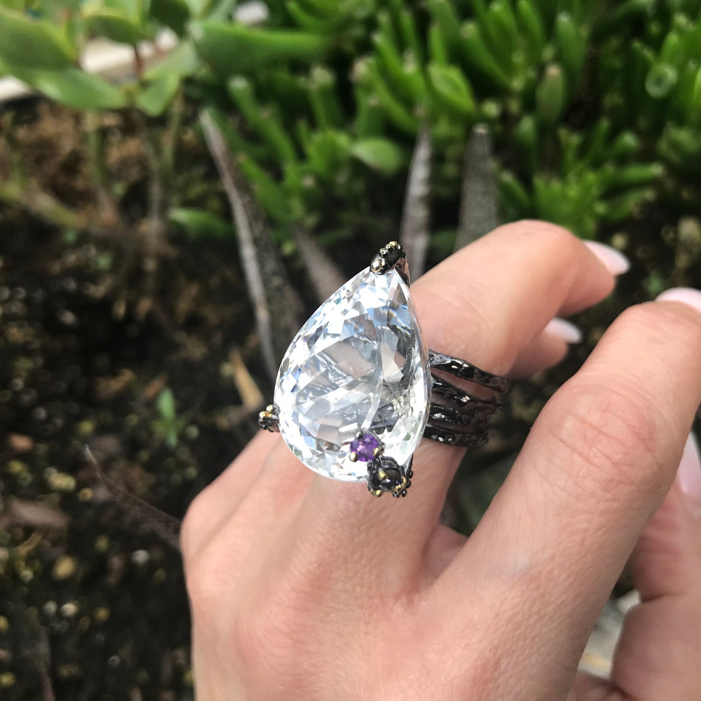 sterling silver natural quartz 40ct huge statement ring 8.5 pear shape