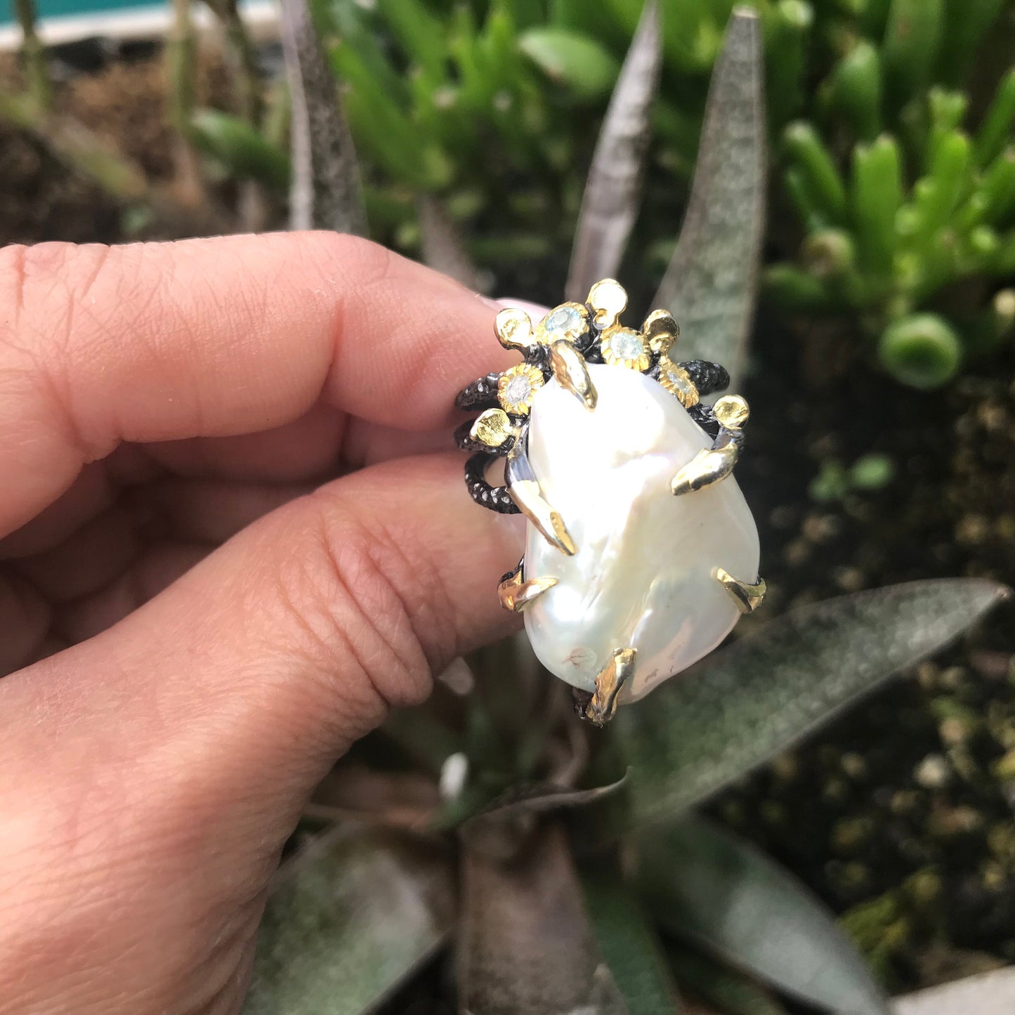 Sterling Silver Natural baroque pearl topaz organic roots Ring 8.5