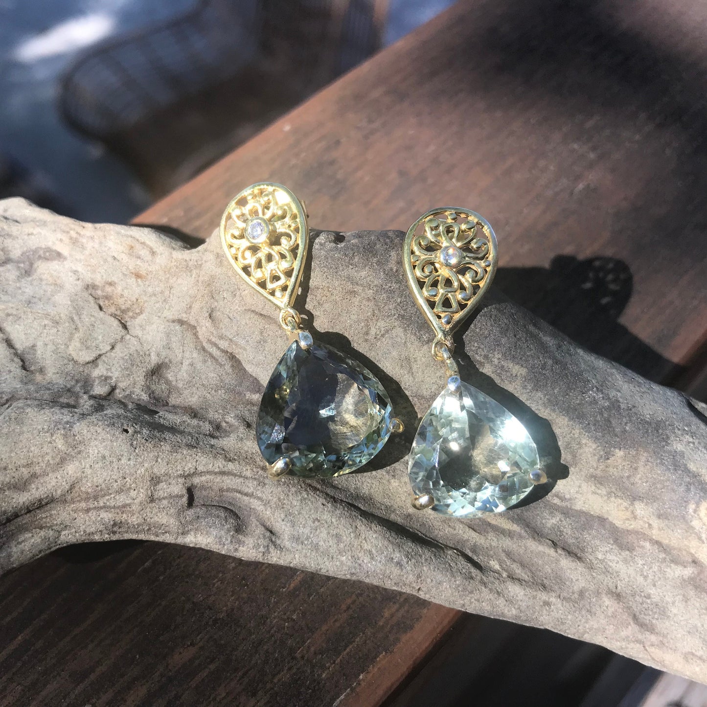 Sterling silver green amethyst fancy asymmetrical earrings