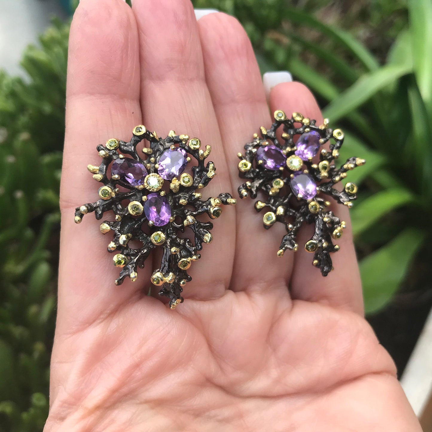 Sterling silver dark amethyst large stud organic Earrings
