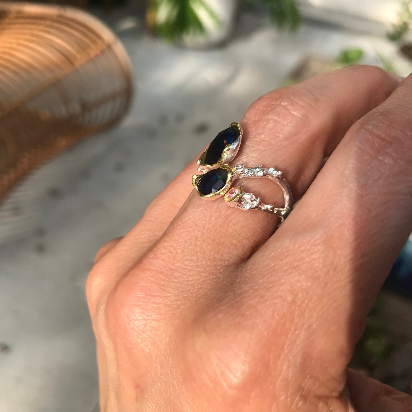 Natural black red fire opal organic twig Sterling Silver Ring 7 8 open