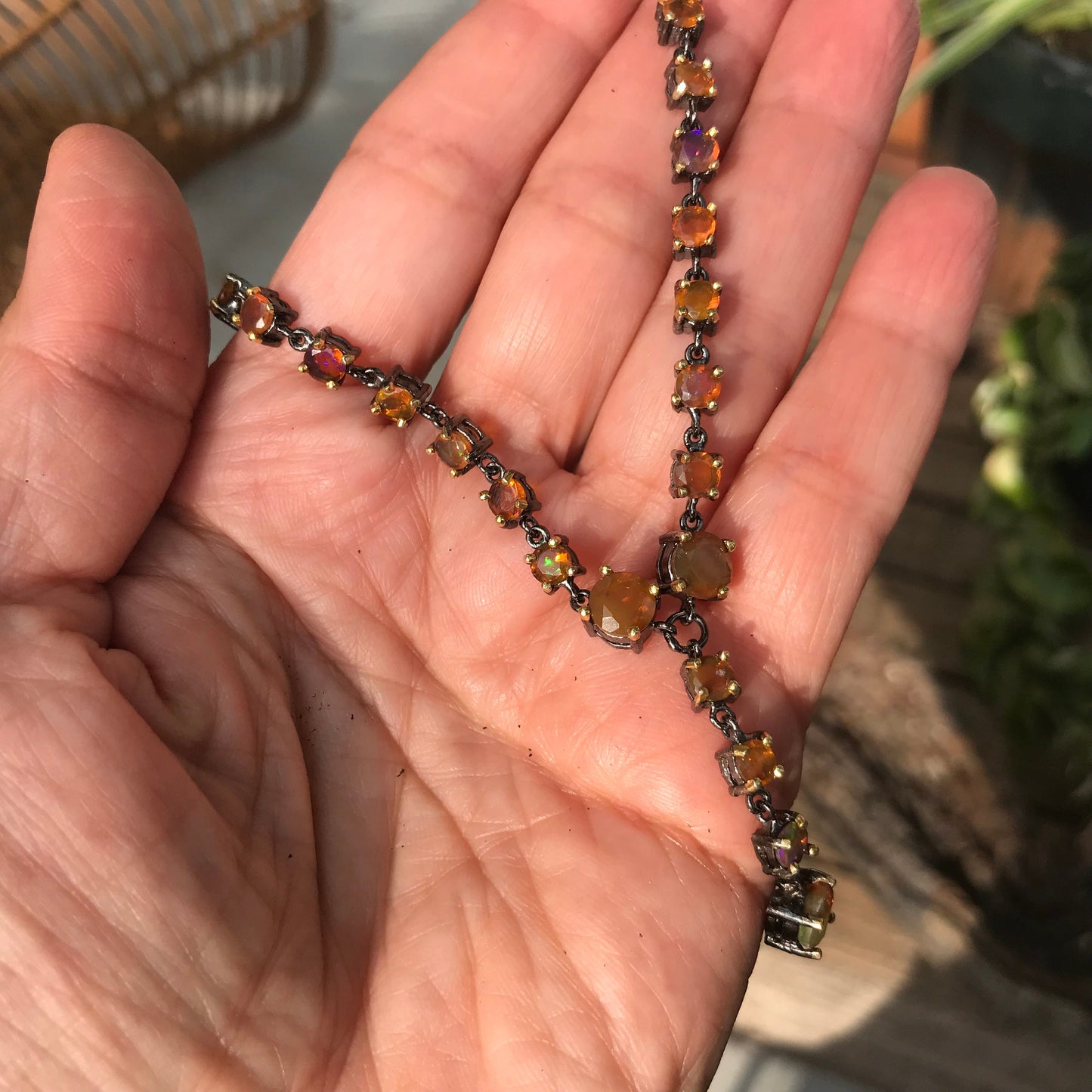 Natural Rainbow orange opal Sterling Silver Necklace