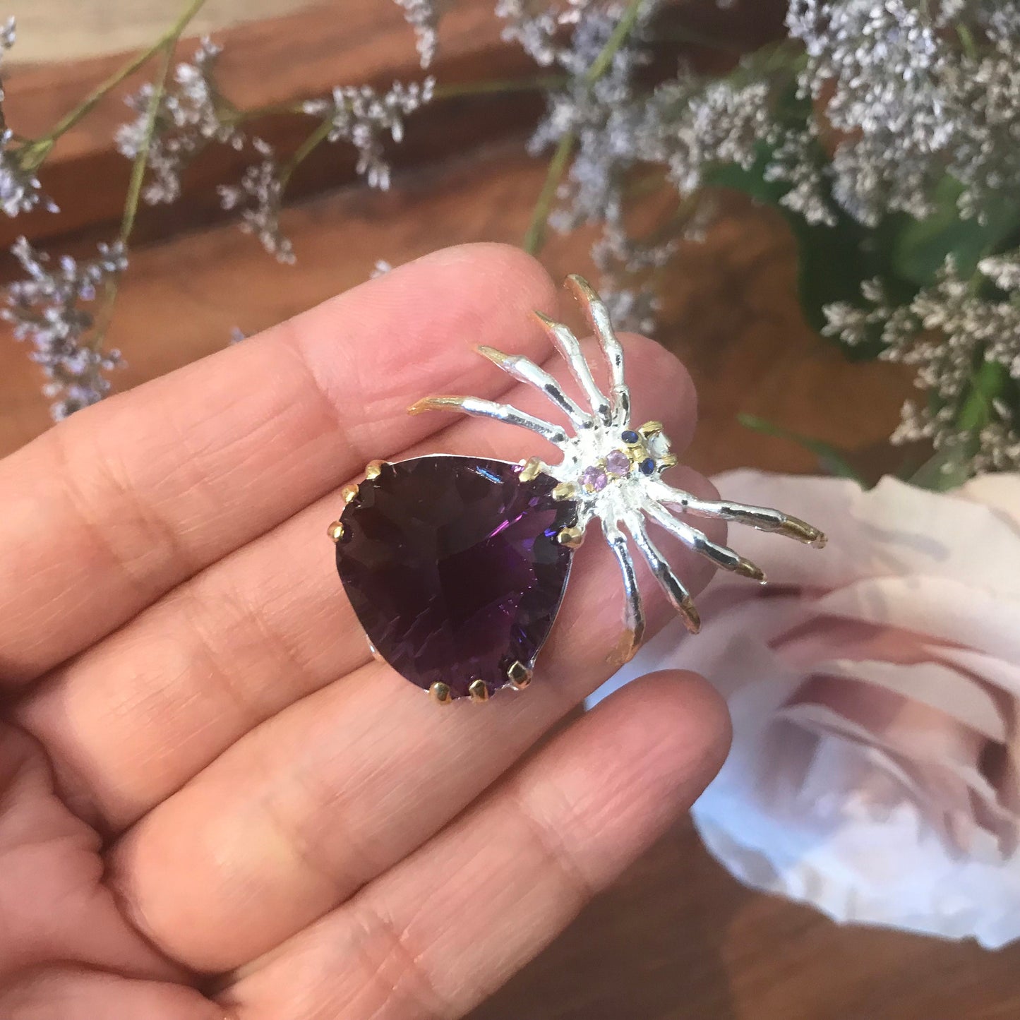 Sterling silver amethyst spider brooch pin art collectible