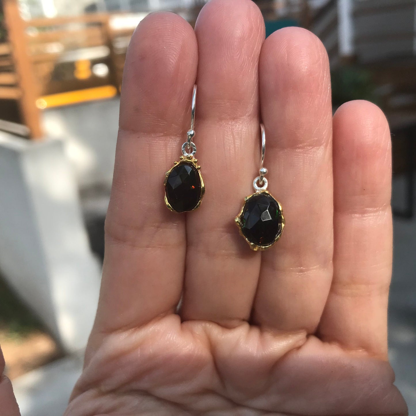 Sterling Silver Natural black red fire Opal heirloom dangle Earrings