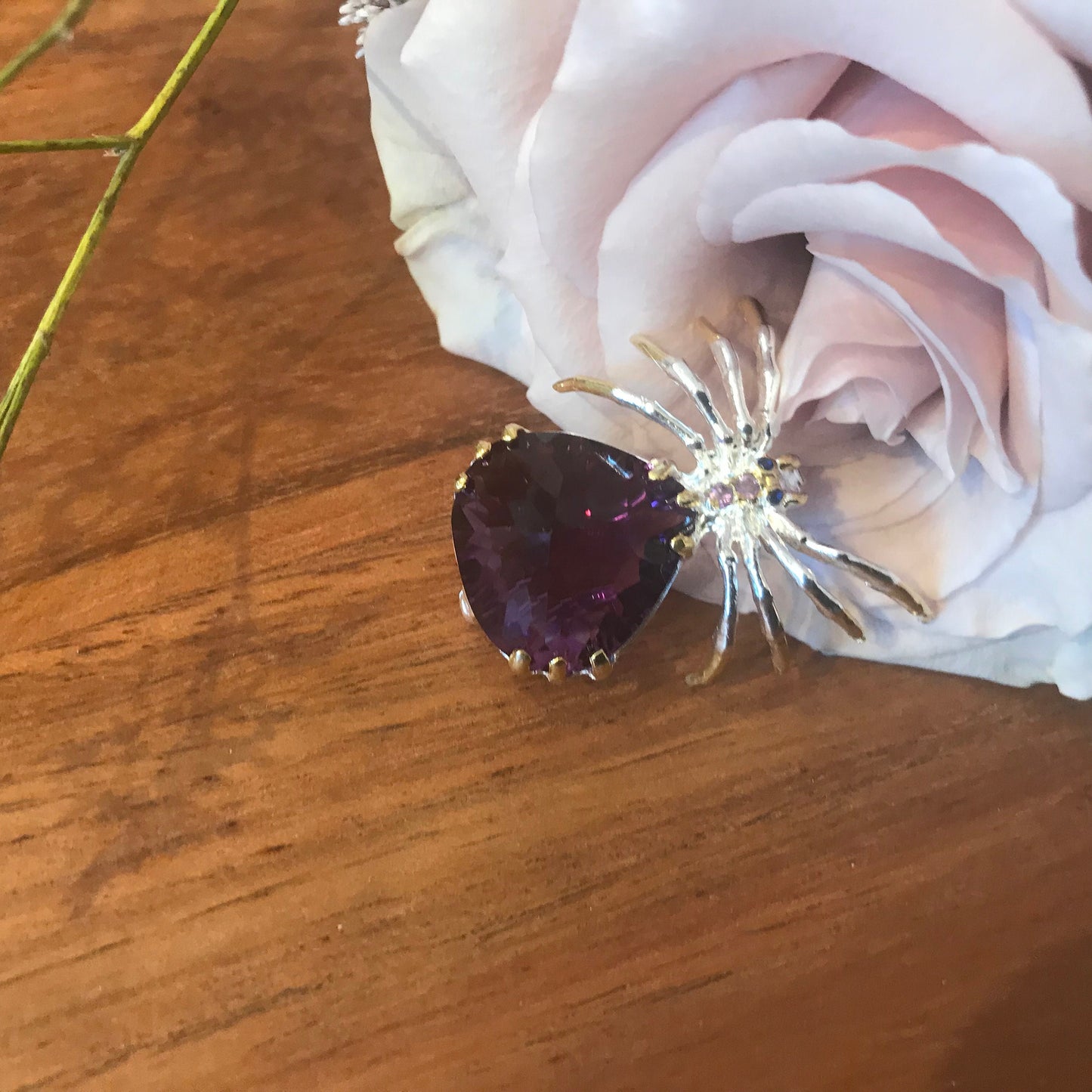 Sterling silver amethyst spider brooch pin art collectible