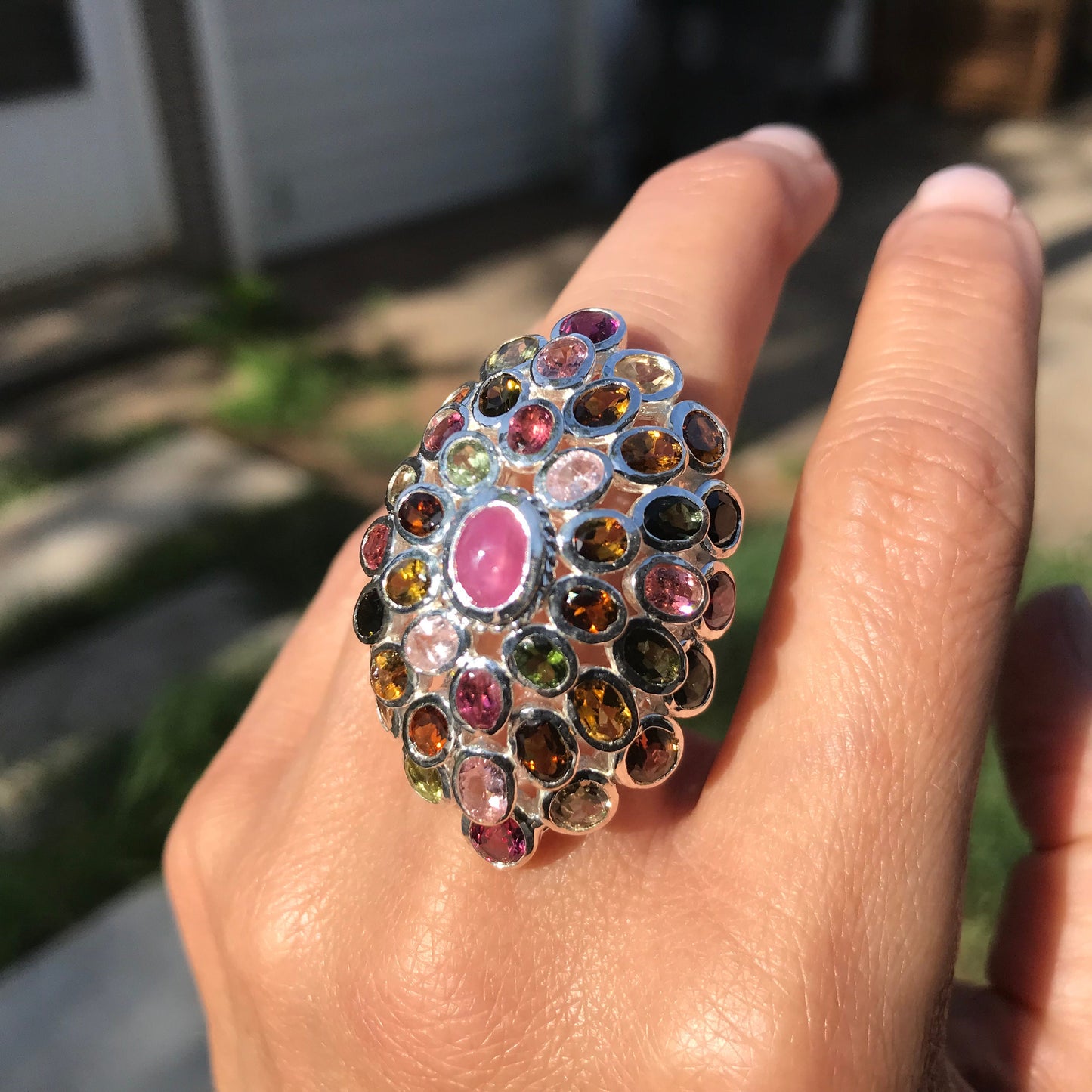 Handmade sterling silver Ruby tourmaline statement Ring 6.5