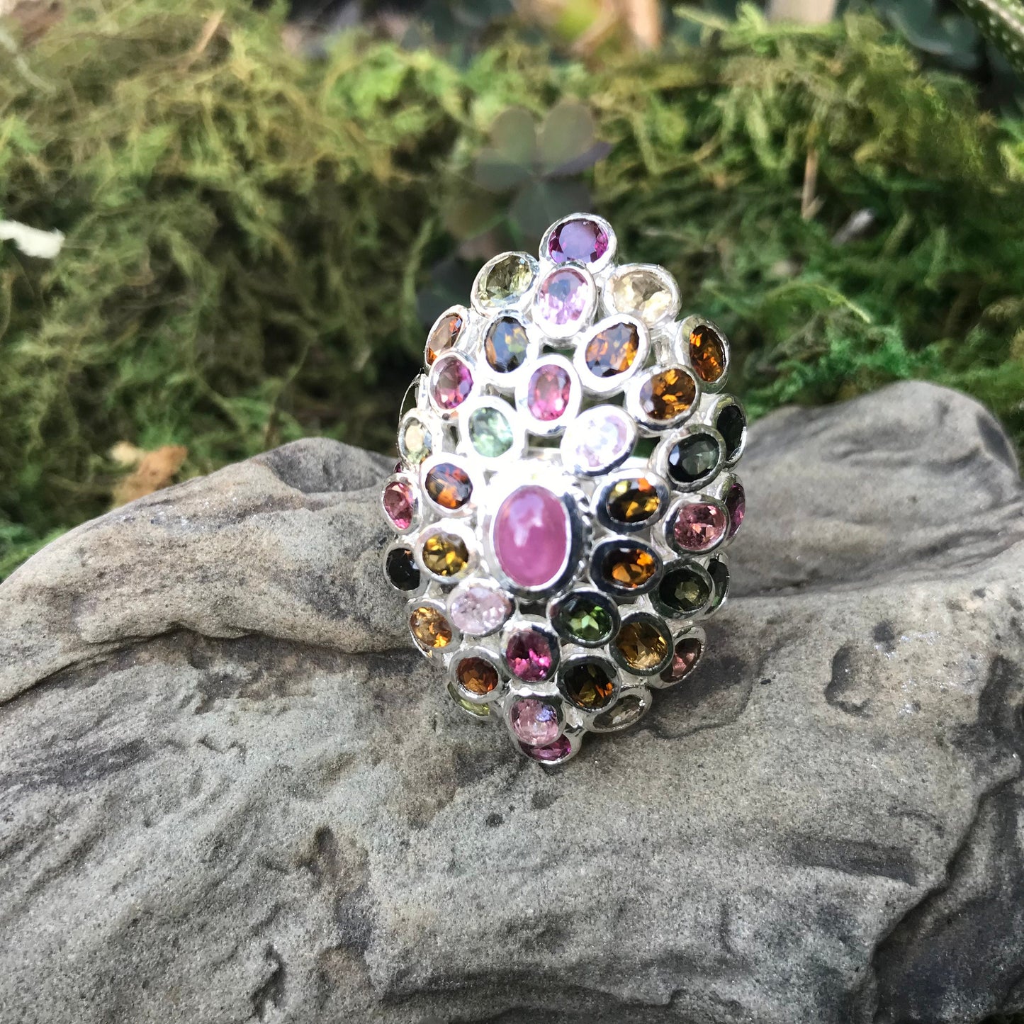 Handmade sterling silver Ruby tourmaline statement Ring 6.5