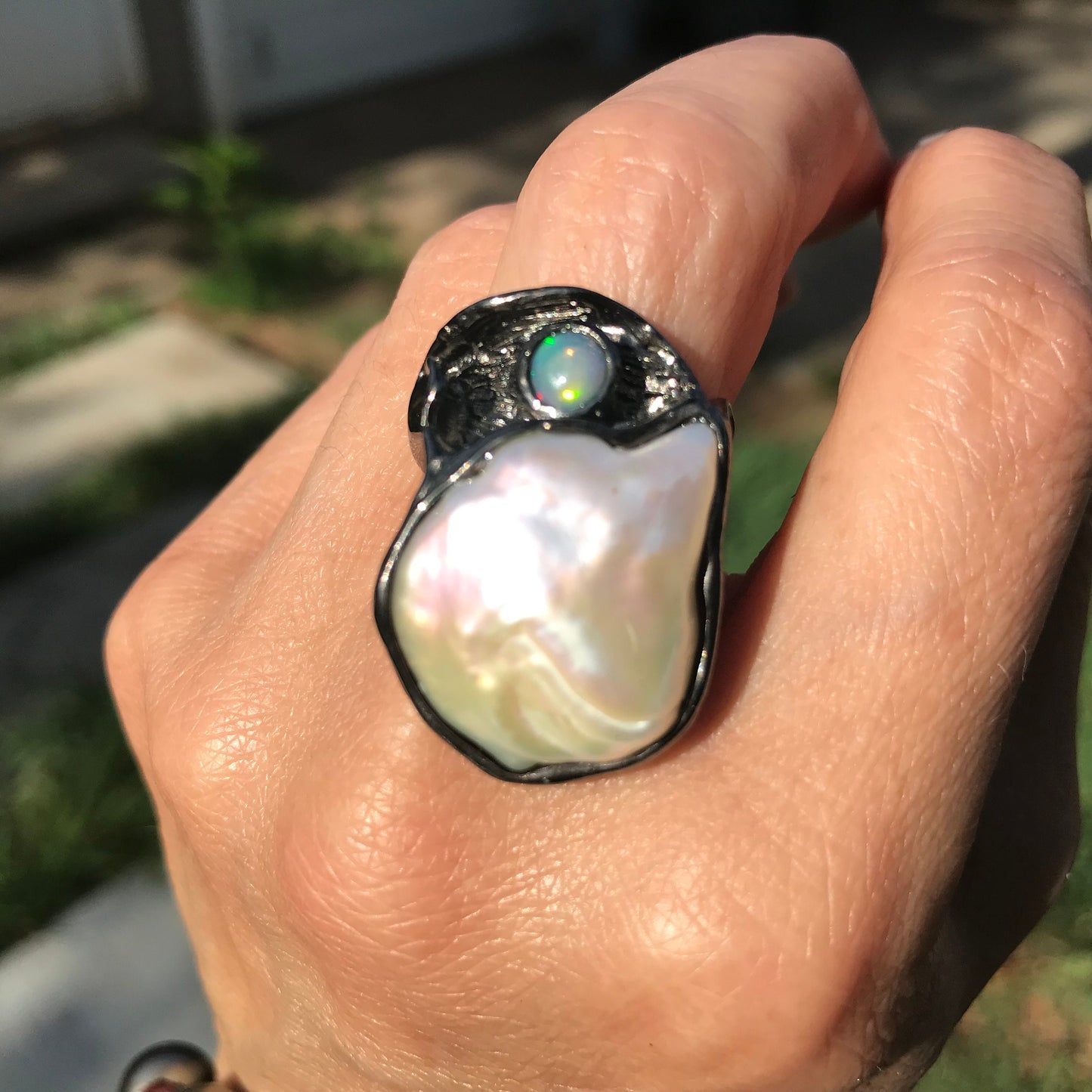 Sterling Silver Natural baroque pearl opal band Ring 6.5
