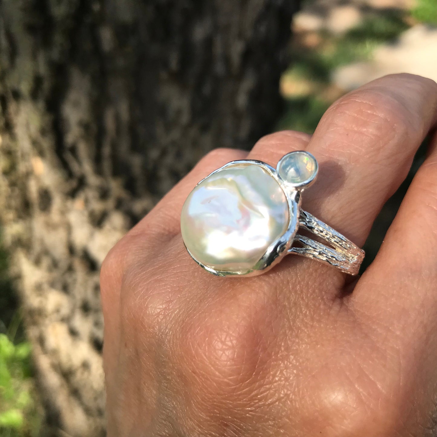 Sterling Silver Natural baroque pearl opal band Ring 8.5