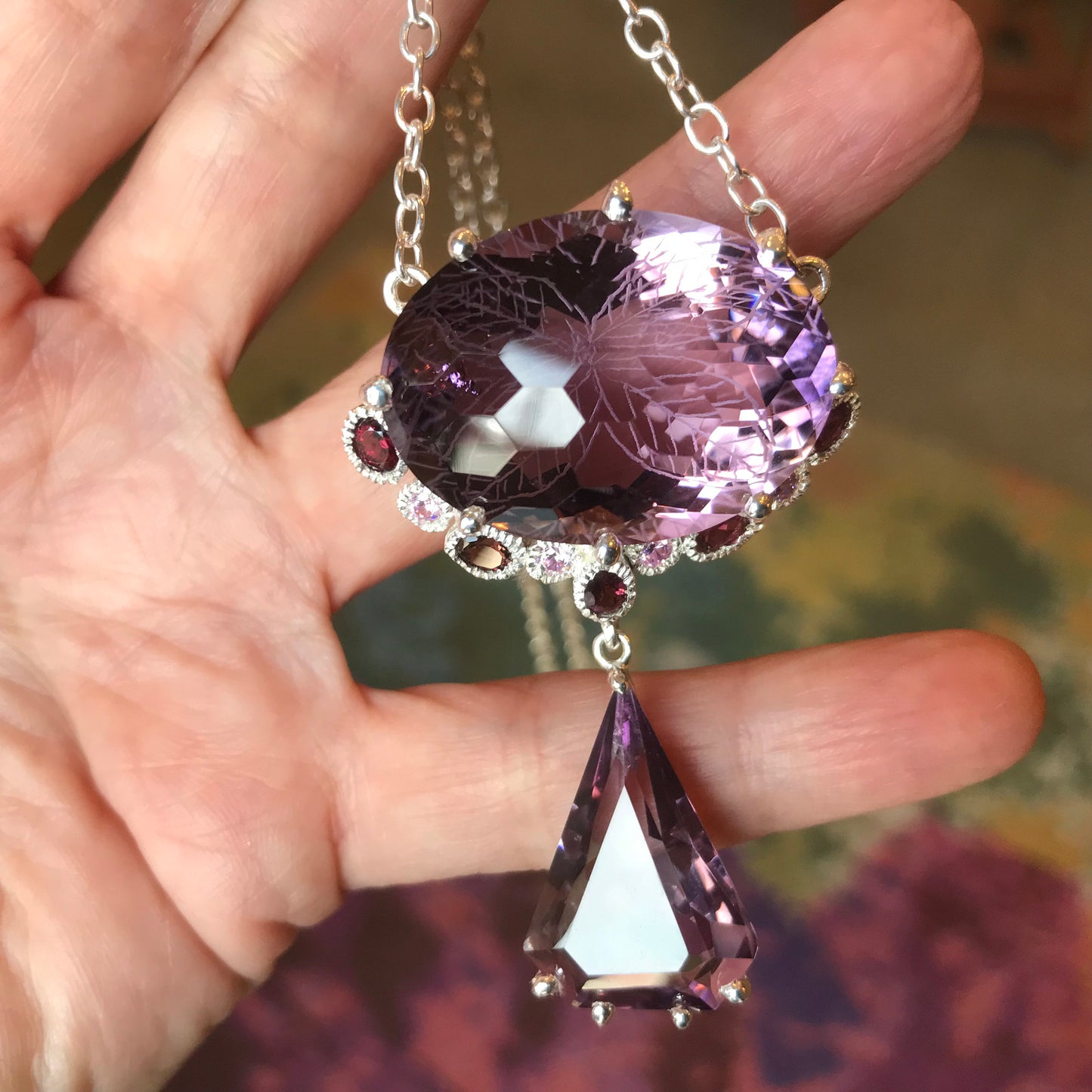 Sterling silver 75ct rhodolite amethyst statement pendant necklace