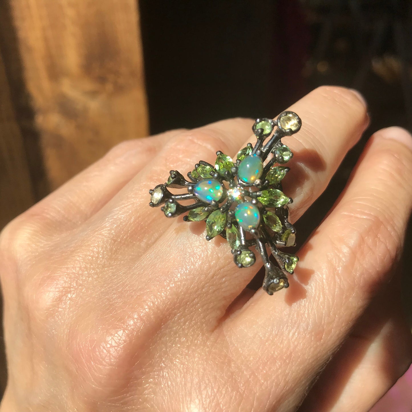 Sterling Silver fire opal Etnika peridot cluster Ring 6
