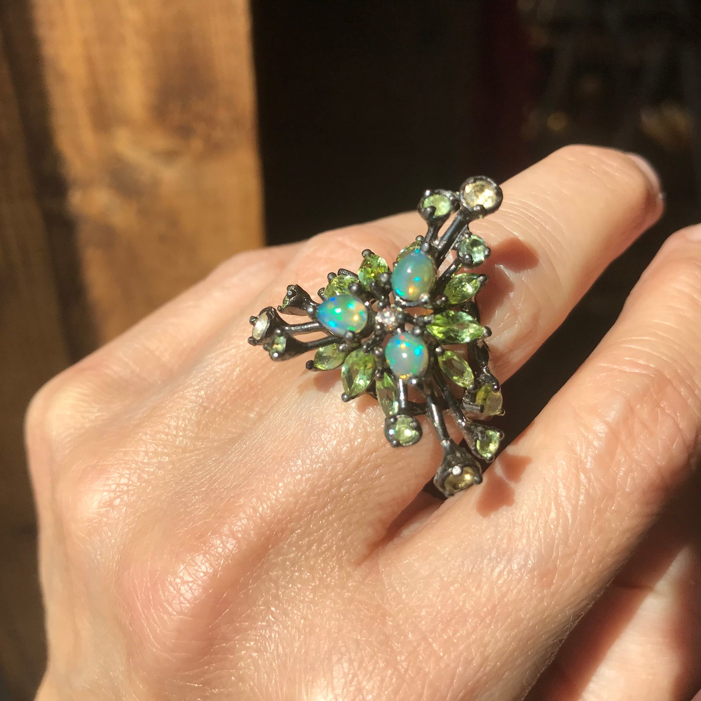 Sterling Silver fire opal Etnika peridot cluster Ring 6
