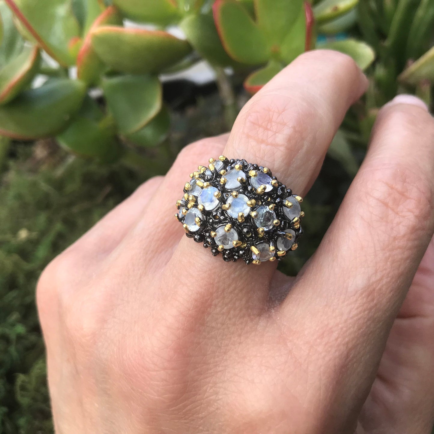 Sterling Silver Natural Moonstone handmade Cluster ring 6.5