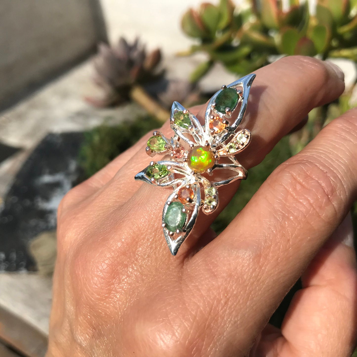 Sterling Silver flash Opal emerald statement butterfly Ring 6.5