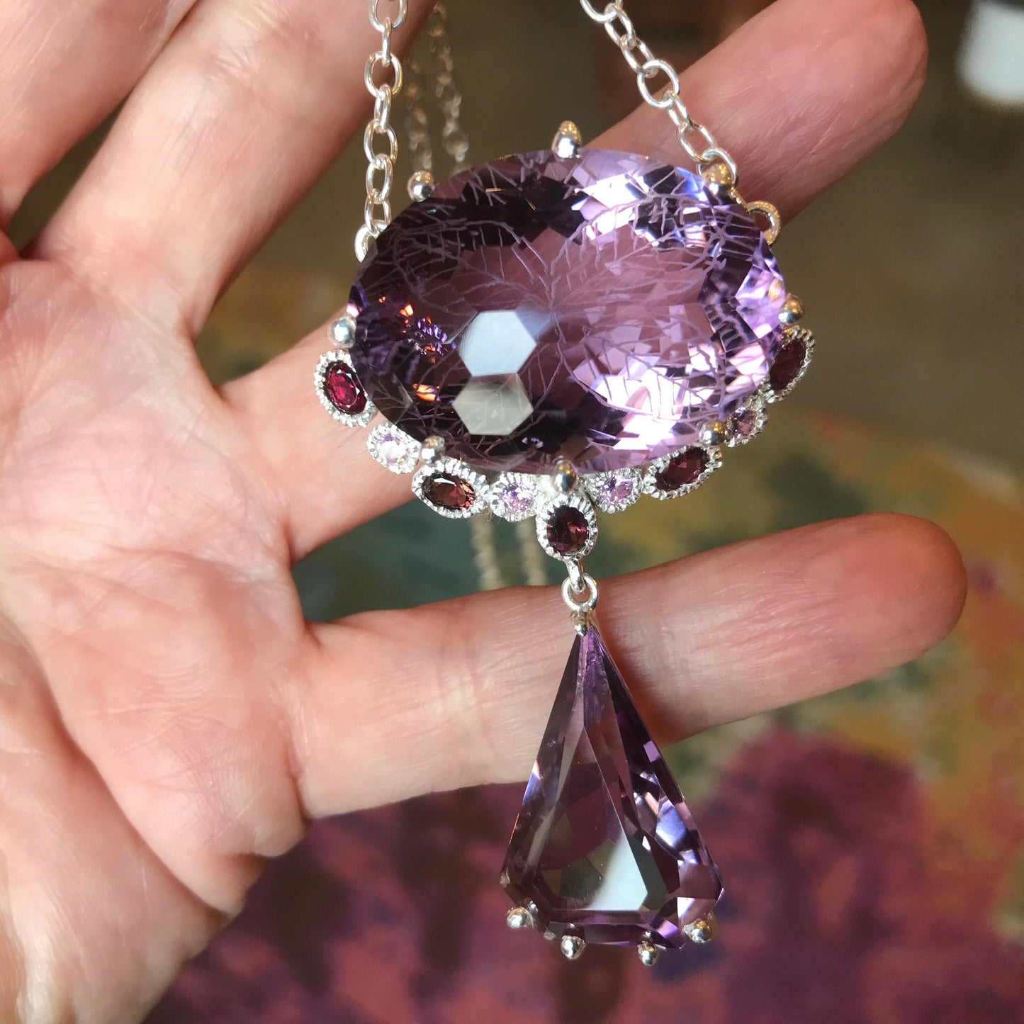 Sterling silver 75ct rhodolite amethyst statement pendant necklace