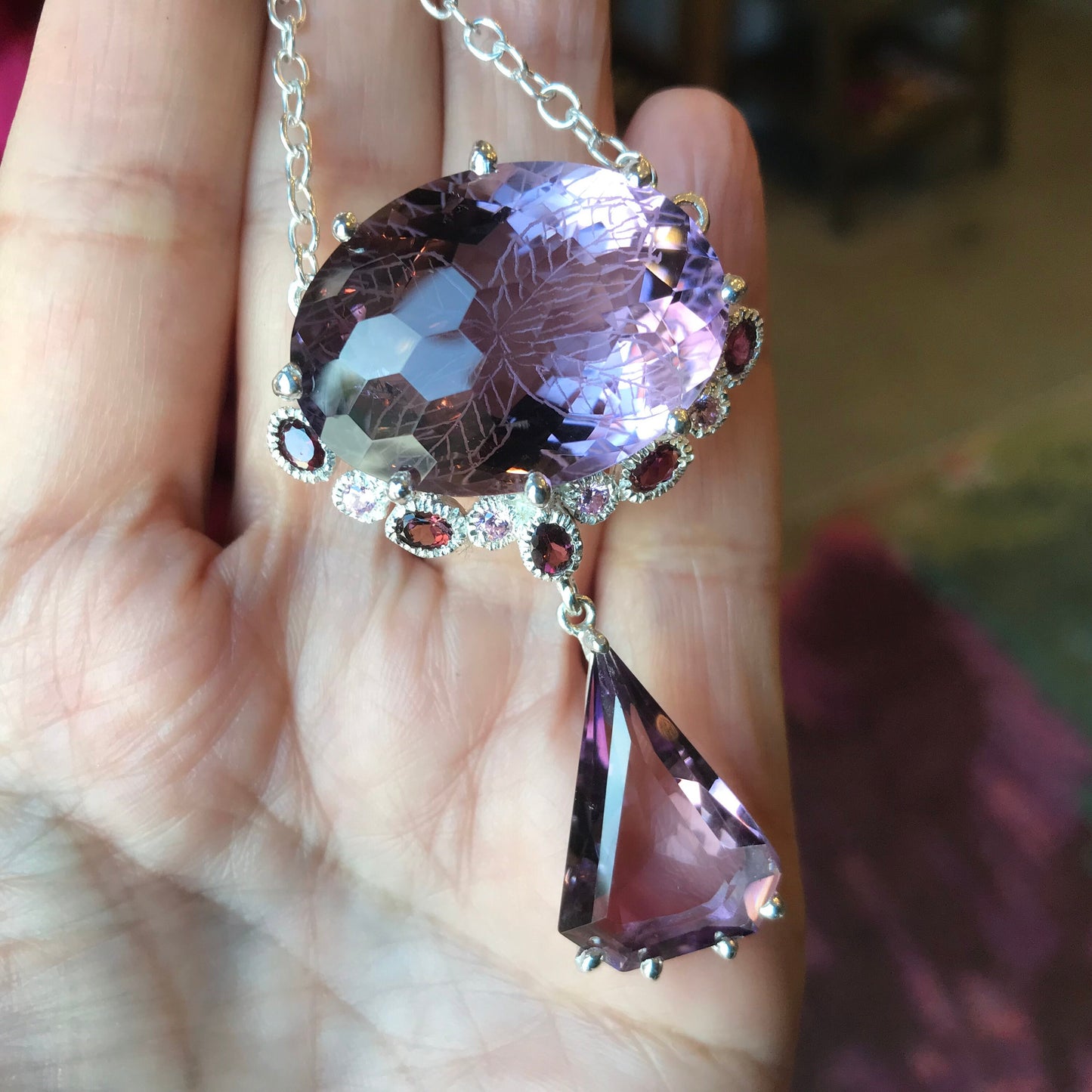 Sterling silver 75ct rhodolite amethyst statement pendant necklace