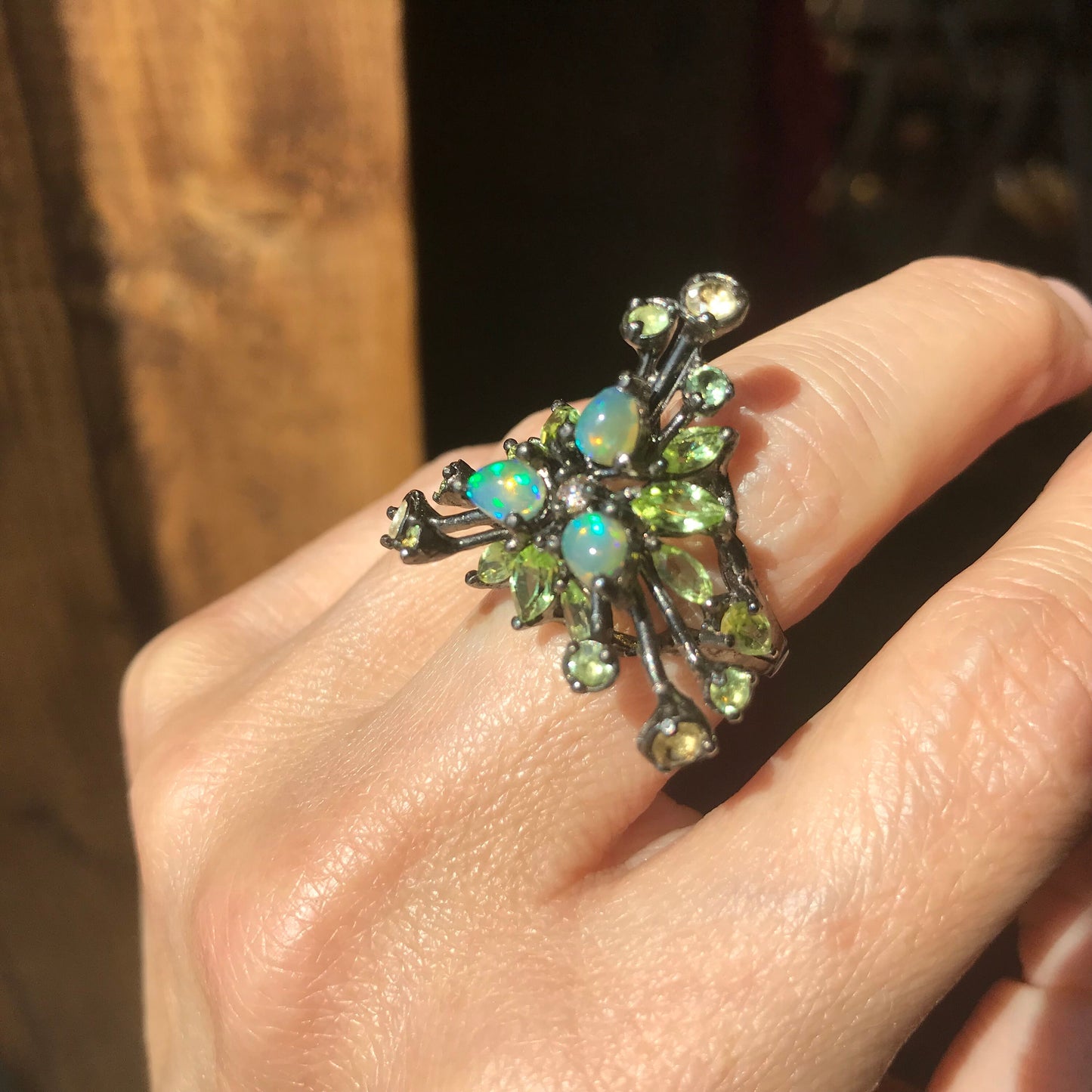 Sterling Silver fire opal Etnika peridot cluster Ring 6