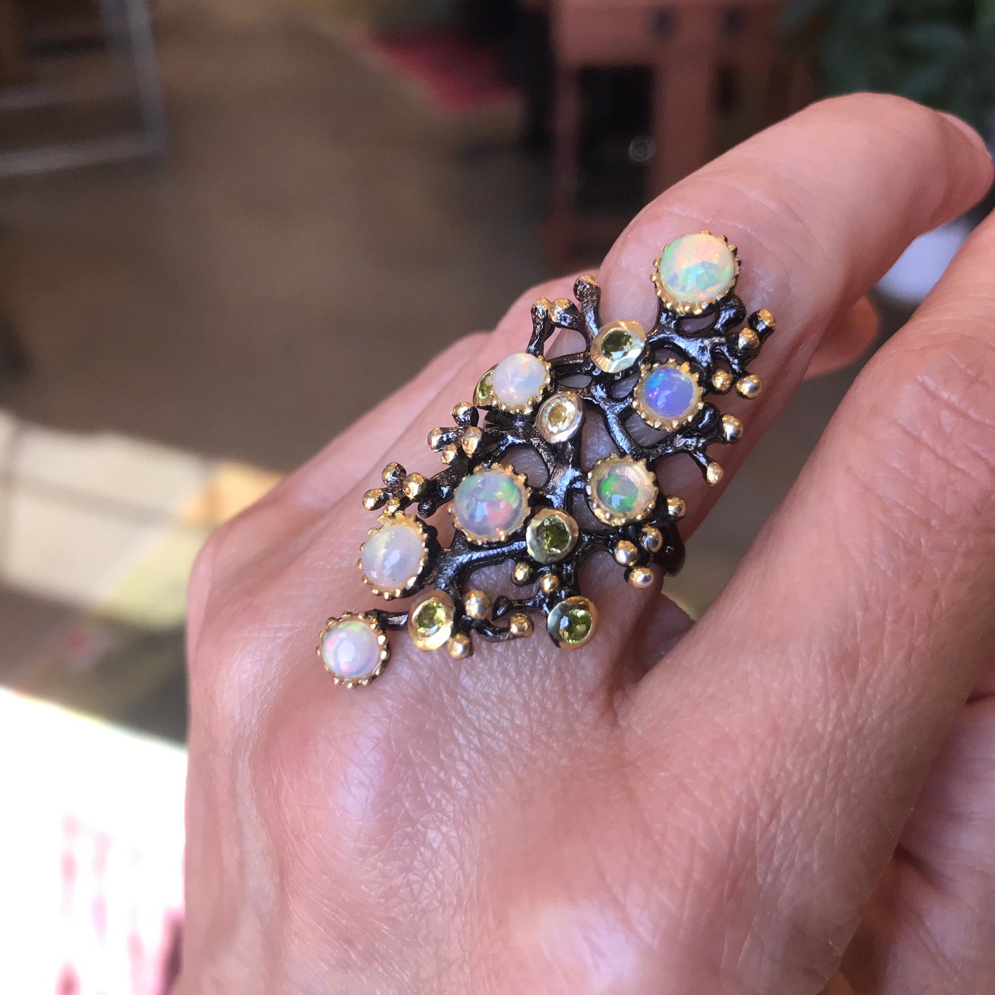 Sterling Silver fire opal Etnika cluster brutalist Ring 7